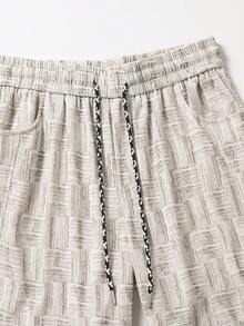 Men's Vintage Plaid Jacquard Wide Leg Knit Drawstring Elastic Waist Textured Straight Casual Long Pants - Apricot - View 4