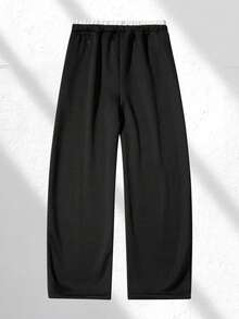 Men's Double Waistband Wide Leg Sweatpants, Fleece Lined, Drawstring Elastic Waist, Casual Loose Fit With Pockets, Streetwear Style For Daily Wear - Black - View 2