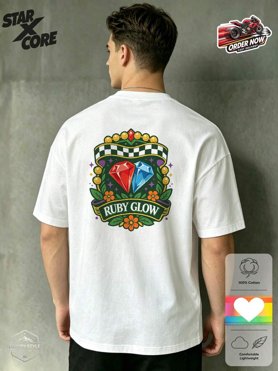 Ruby Glow Gemstone Crystal Luxury Graphic Vibrant Summer Fitted Cotton Short Sleeve Tee, Men Streetwear Casual Daily Wear - White - View 1