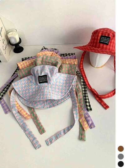 1pc Vintage Plaid Bucket Hat For Summer - Lightweight Sun Hat, Retro Checkered Bucket Hat For Women, Tie-Up Design, Face-Slimming Wide Brim, Sun Protection, Fashionable Travel & Vacation Bonnet, Sweet Style, Versatile Summer Sun Hat