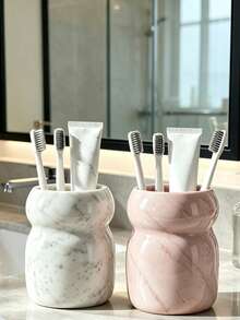 Elegant Marble‑Print Toothbrush Holder, Decorative Bathroom Vanity Counter Storage Cup For Toothpaste, Cosmetic Brushes Bathroom Accessory - Waist Cincher - View 3