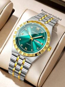 Men's Premium Gold-Tone Alloy Band Watch, Roman Numeral Rhinestone Dial With Date Display, Business Casual Versatile Quartz Wristwatch (1pc/Set) Watch Box Not Included - Multicolor - View 8