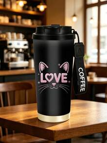 1pc/5pcs 500ml Cute Cat Heart Travel Mug, Double-Wall Stainless Steel Insulated Cup, Cute Pink Cat Ear & LOVE Letter Print Design, Portable Coffee Cup With COFFEE Print Lanyard, Leak-Proof Insulated Mug, Suitable For Daily Commute, Outdoor & Travel - Black-kitty Love - View 11
