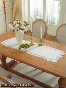 White Water‑Soluble Lace Table Runner, Solid Plain Polyester Table Runner With Geometric Fan‑Shaped Lace Trim, Boho Farmhouse Dining Table Decor For Party Wedding Home Decoration - White - View 13