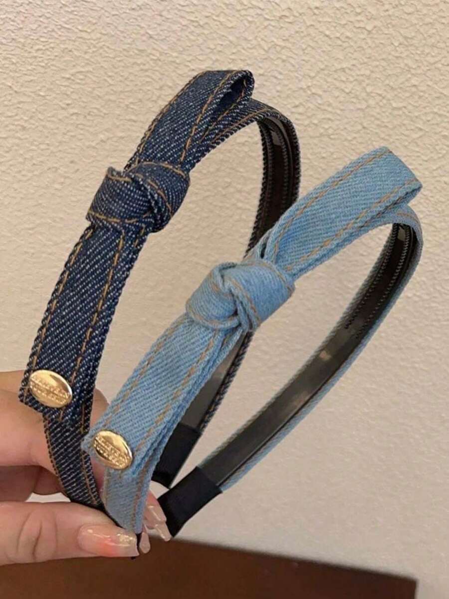 2/1pc Vintage Denim Bow Headband, Thin Edge Toothed Non-Slip Face Wash Headband, Suitable For Girls And Children Daily Commute, Work, School Wear - Multicolor - View 1