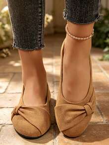 New All-Season Vintage Khaki Knot Decor Shallow Flat Ballet Shoes For Women, Soft Round Toe, Versatile Soft Sole Daily Commute And Travel Shoes - Khaki - View 5