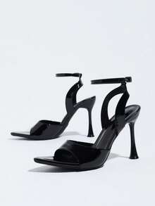 Women's Black Pointed Toe High Heel Sandals With Single Strap, Spring/Summer Versatile Commute Office Party Casual Fashion Cross Ankle Strap Sandals - Black - View 5