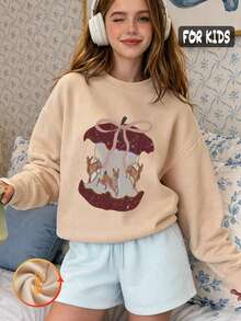 Autumn Girls Printed Sweatshirt With Carousel Deer And Pink Bow Design, White Long Sleeve Crewneck - Apricot - View 3