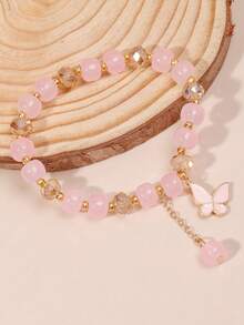 1pc Faux Crystal Bracelet Hand Rope, Crystal Pink Quartz Beaded Bracelet With Luxury Vintage Geometric Pendant, Gift For Women Friends - Butterfly Bracelet - View 8