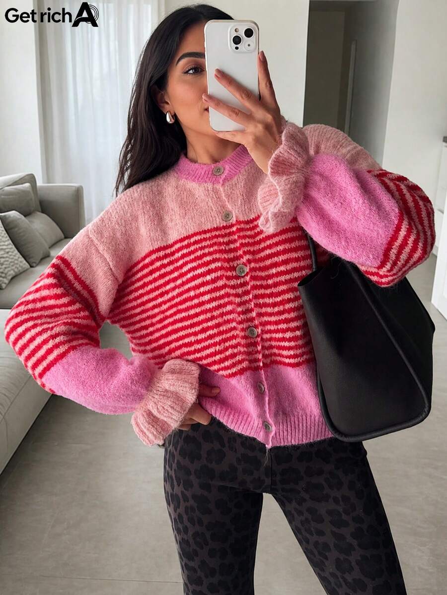 Women's Autumn/Winter New Knitted Cardigan, Pink Striped Patchwork, Round Neck Single-Breasted, Ruffle Cuff Design, Casual Elegant Sweet Style, Suitable For Daily Wear, School, Vacation - Multicolor - View 1