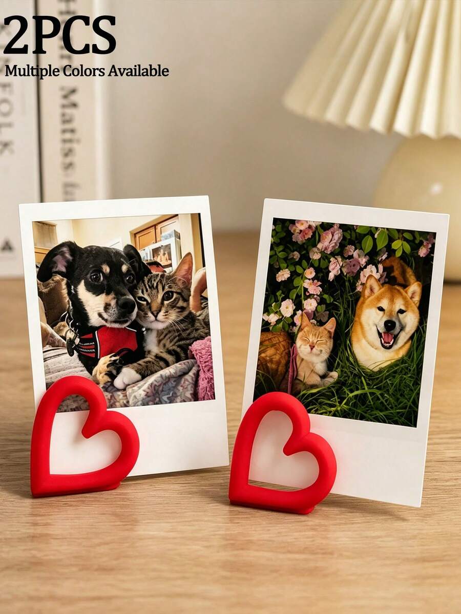 2pcs Heart-Shaped Desktop Photo Clips, Compact Instant Photo Card Display Holders, Add Romantic Atmosphere To Home And Desk, Perfect For Preserving Precious Moments, Ideal For Storing Travel Souvenir Photos And Postcards - Multicolor - View 1