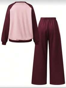 2pcs Set Girls Suitable For Teenagers - Pink And Burgundy Colorblock Crew Neck Sweatshirt And Wide Leg Joggers, Digital Print Pattern Design, Casual Sportswear Outfit, Suitable For Daily Wear, Sports, School - Burgundy - View 3