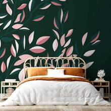 Wall Mural - Flowering Vine - Minimalist Climbing Leaves On A Green Background - Self-adhesive - View 2