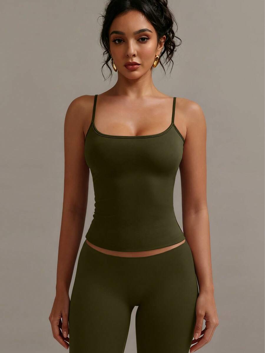 XLLAIS 性感露背女士吊带背心,弹性休闲细肩带夏季背心 - 軍綠色 - 查看 1