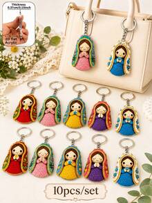 10pcs Colorful Crochet Style Virgin Mary Keychain, 2D Flat Acrylic Floral Praying Girl Pendant, Cute Religious Faith Bag Charm, Car Key Chain Accessory, Suitable For Daily Commute, Church Gathering, Baptism, Religious Memorial, Holiday Party And Faith Gift - Multicolor - View 3