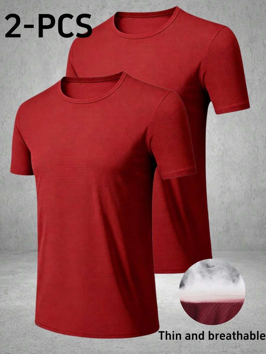2pcs Men's Solid Color Crew Neck Short Sleeve T-Shirts, Casual Fashion Home Wear For Spring, Summer, Autumn, Suitable For Casual Wear, Daily Activities, Fitness - Multicolor - View 1