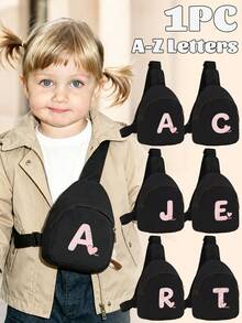 1PC Toddler Crossbody Chest Bag, Printed With A-Z Letters And Pink Heart Pattern, With Adjustable Shoulder Strap And Zipper, Suitable For Toddler Casual Daily Use, Can Be Given As A Gift - Black - View 1