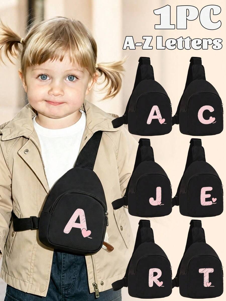 1PC Toddler Crossbody Chest Bag, Printed With A-Z Letters And Pink Heart Pattern, With Adjustable Shoulder Strap And Zipper, Suitable For Toddler Casual Daily Use, Can Be Given As A Gift - Black - View 1