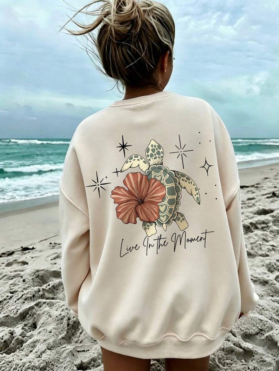 Women's Crew Neck Sweatshirt, Turtle & Hibiscus Back Print Pullover, Live In The Moment Slogan Casual Top - Apricot - View 1