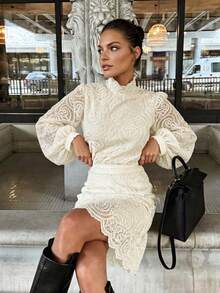 Autumn Promotion Floral Lace Sheer 2pcs Sets Women's Autumn French Vintage Elegant Creamy Color Lace Mesh Stand Collar Puff Sleeve High Waist White - White - View 7
