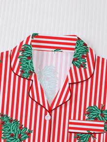 [Christmas]2pcs Women's Pajama Set, Christmas Tree Print, Women's Loungewear, Spring/Summer Holiday Outfit, Short Sleeve Top And Shorts Set - Red - View 4