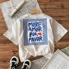, More Amor Por Favor Graphic Print, T-Shirt, Cotton, Crew Neck Short Sleeve Loose Fit, Unisex Streetwear, Summer Casual Top - White - View 2