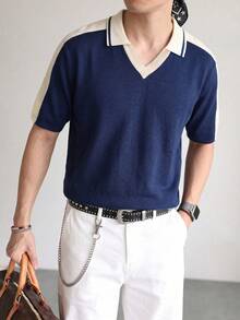Men's Contrast Color Raglan Sleeve V-Neck Polo Shirt, Striped Decor Short Sleeve Top, Suitable For Vacation And Streetwear - Navy Blue - View 2