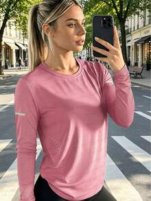 女款網眼透氣長袖修身彈性戶外防曬運動跑步套裝，百搭舒適粉色 - 粉色 - 查看 1