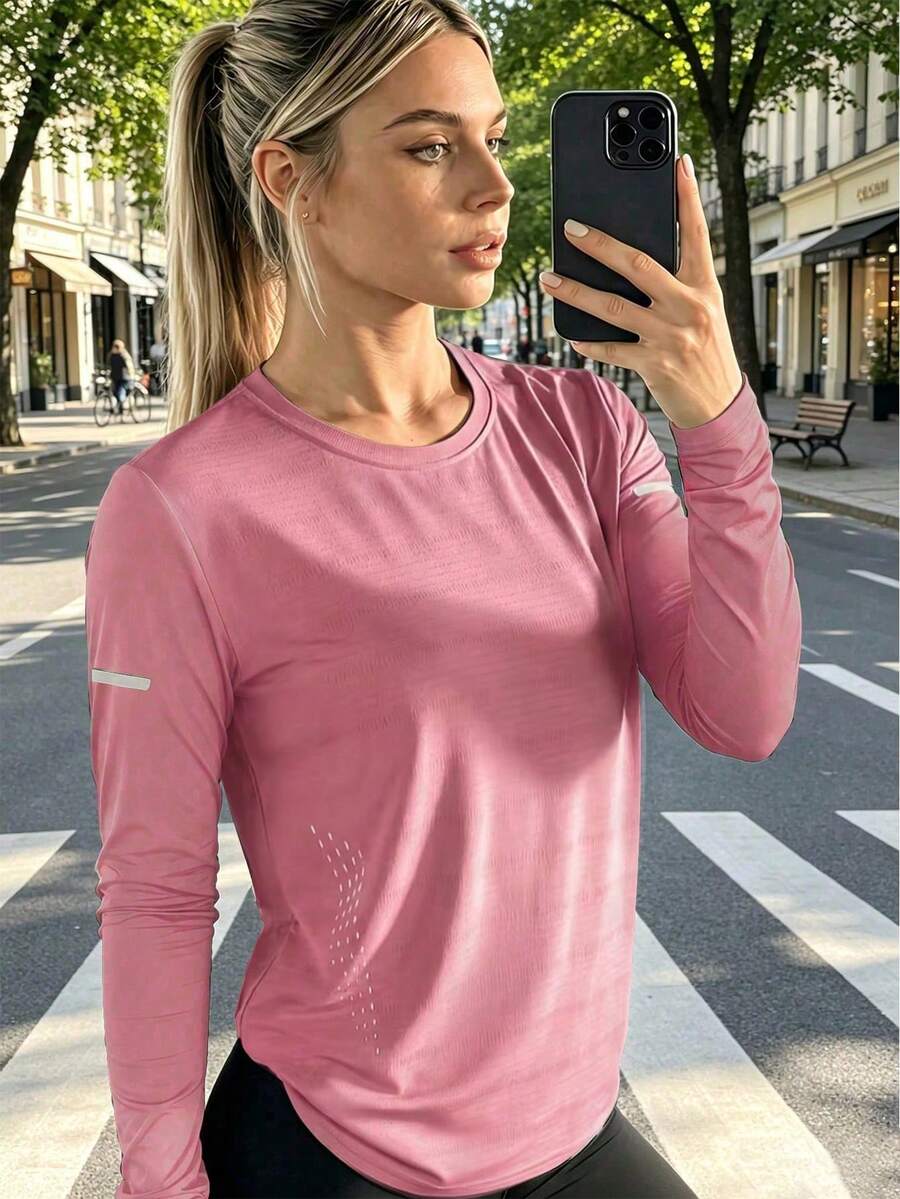 女款網眼透氣長袖修身彈性戶外防曬運動跑步套裝,百搭舒適粉色 - 粉色 - 查看 1