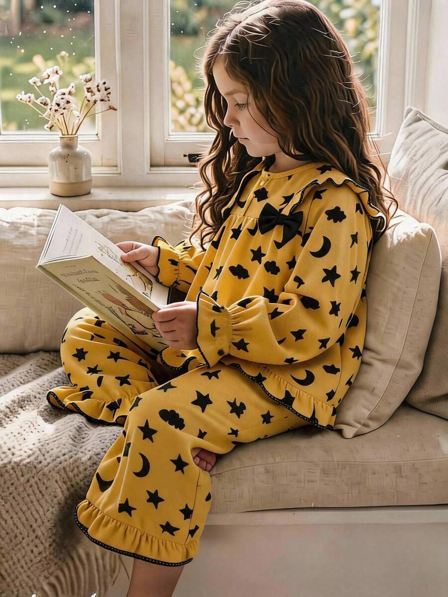 2pcs Girls Bow Decor Long Sleeve Top And Pants Set - Yellow - View 1