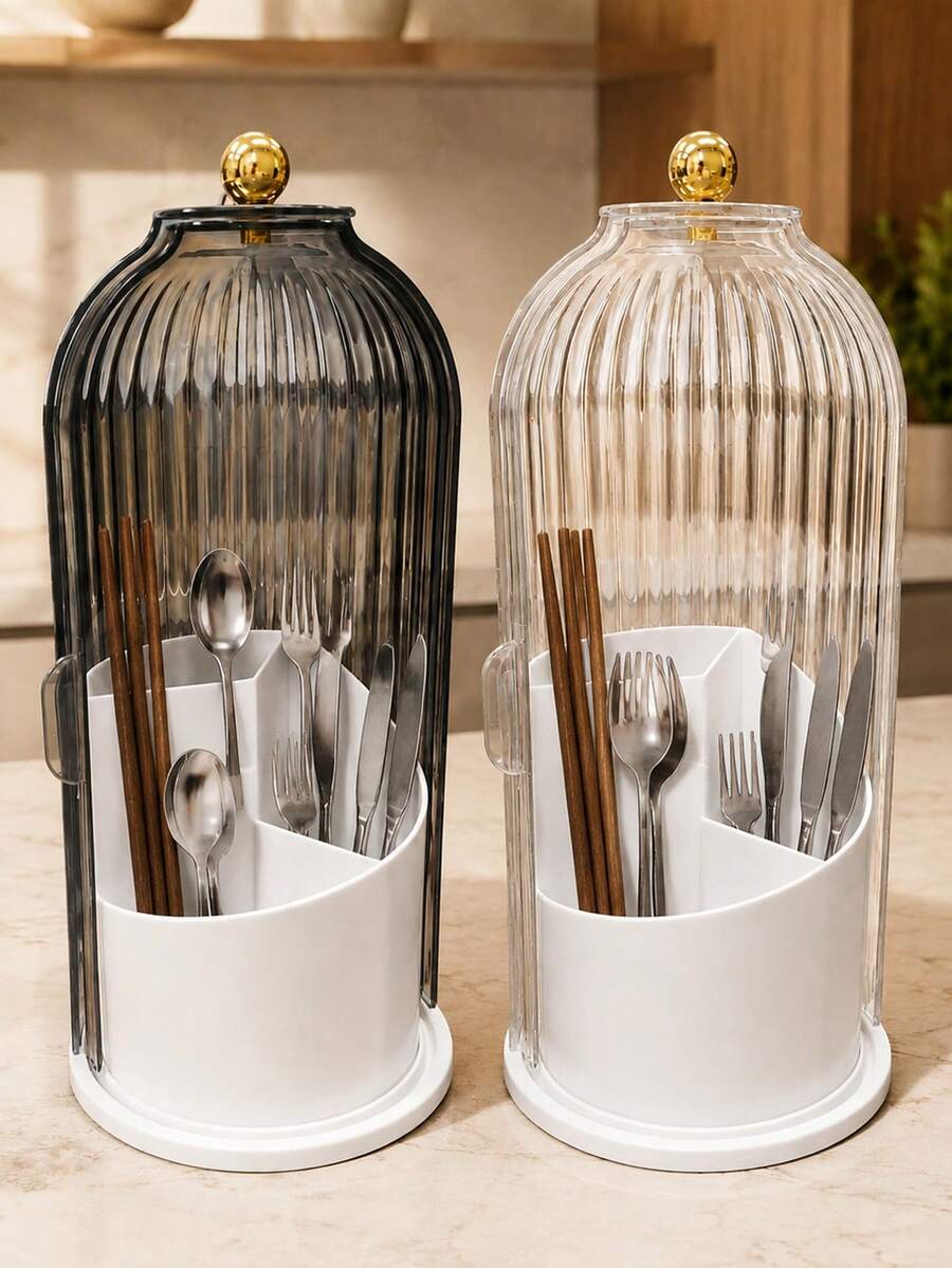 2/1pc Set Tableware Storage Box, Kitchen Organizer, Dust-Proof Storage Bucket, Rotating Storage Rack, Transparent Design, Drainage Hole Design, Ideal For Holiday Gifts, Party Dining And Banquet Decoration - View 1