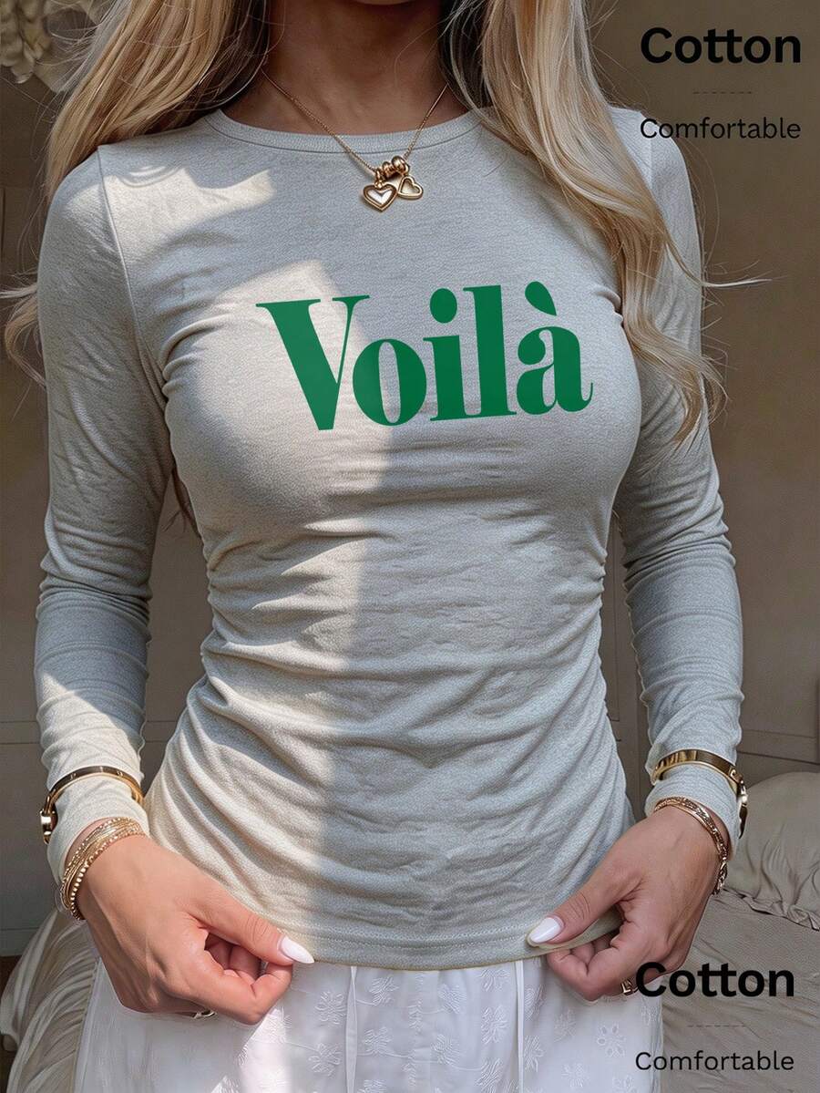 Autumn Women's Fitted Long Sleeve T-Shirt With Green 'Voil ' Print, Crew Neck, Cotton Y2K - Grey - View 1