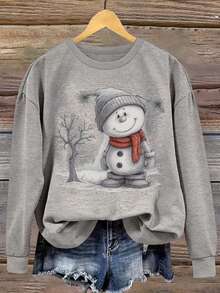 Women's Vintage Snowman Art Print Casual Crew Neck Sweatshirt - Grey - View 1
