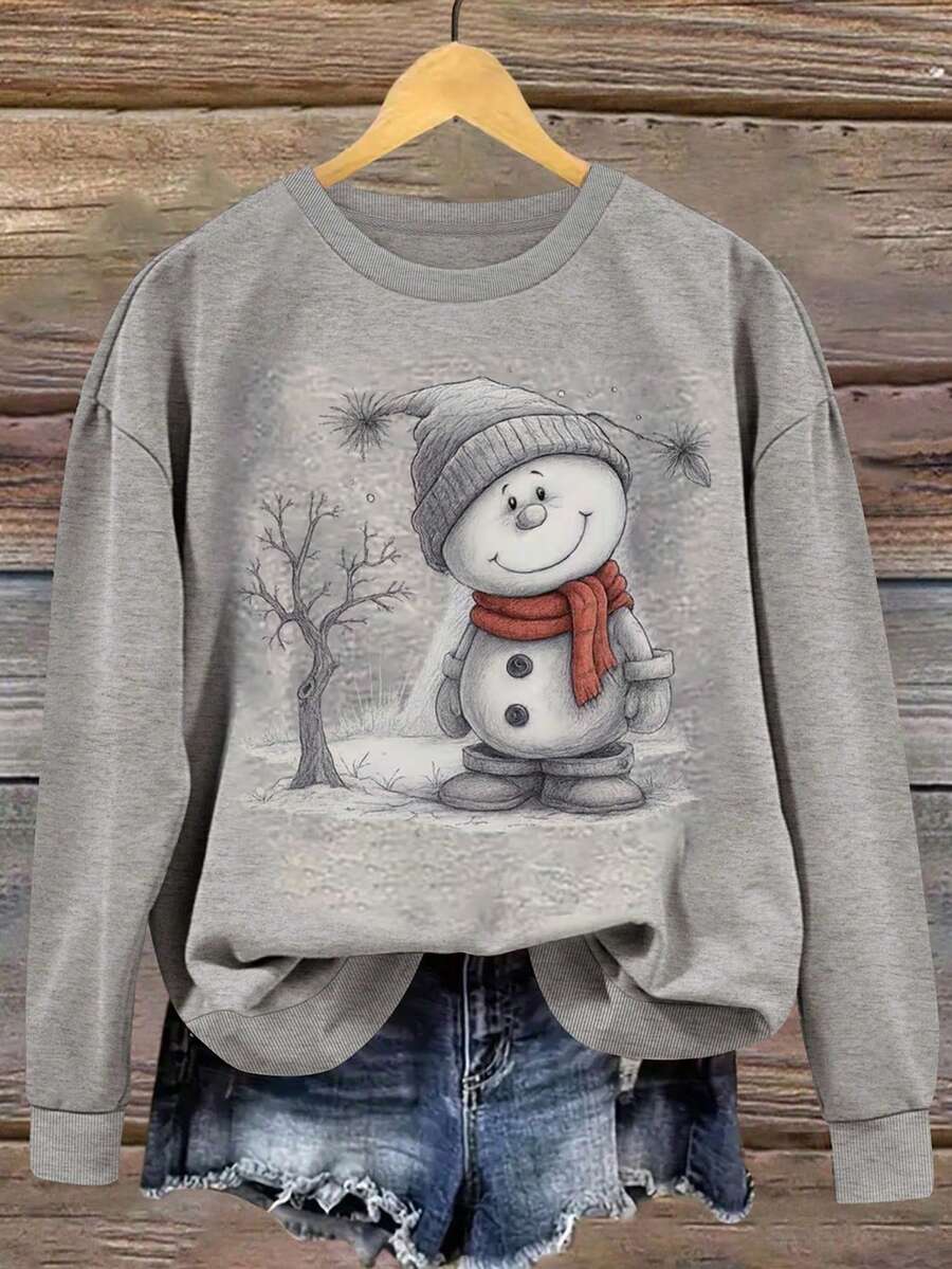 Women's Vintage Snowman Art Print Casual Crew Neck Sweatshirt - Grey - View 1
