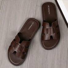 Men's H-Cut Faux Leather Slide Sandals, Casual Open Toe Flat Slip-On Slippers, Non-Slip Soft Sole Summer Sandals, Suitable For Daily Wear, Indoor, Outdoor, Beach, Walking And Vacation - Brown - View 1