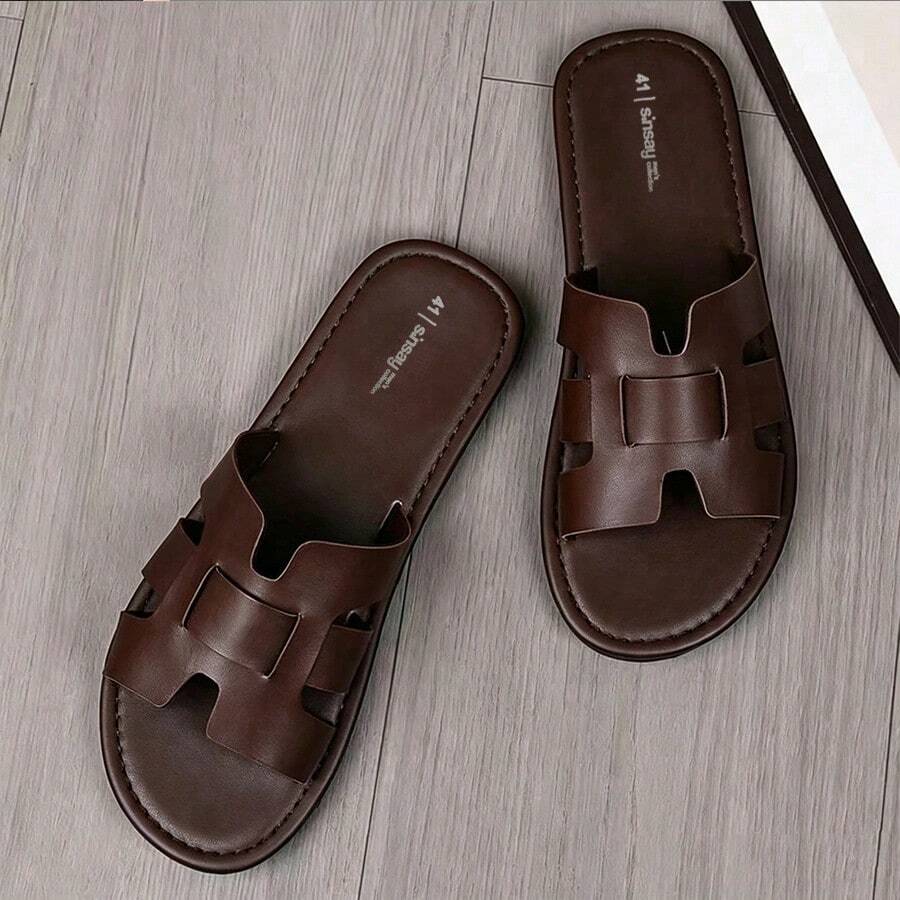 Men's H-Cut Faux Leather Slide Sandals, Casual Open Toe Flat Slip-On Slippers, Non-Slip Soft Sole Summer Sandals, Suitable For Daily Wear, Indoor, Outdoor, Beach, Walking And Vacation - Brown - View 1