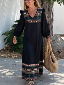 Women'S Boho Black Fall Geometric Print V Neck Long Puff Sleeve Maxi Dress, Ruffle Loose Fit For Daily Casual Outfits - Black - View 6