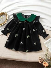 1pc Baby Girl Peter Pan Collar Green Velvet Butterfly Daisy Embroidered Vintage A-Line Black Dress - Black - View 16