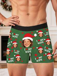 1pc Customized Men's Boxer Briefs With Personalized Photo "I Love My Wife" Christmas Print, Humorous Holiday Creative Gift - Multicolor - View 4