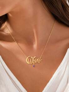 Personalized Gothic Custom Name Necklace, Halloween Bat & Moon Pendant, Customized Birthstone Gift - Multicolor - View 4