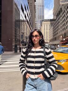 Women's Striped Plush Cardigan, Cute Button Sweater Top, Suitable For Coffee Dates, Outings And Holiday Outfits - Black - View 8