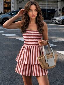 Dirp Noir Women's Autumn Multi-Color Striped Camisole & Shorts 2 Pieces Set, Suitable For Travel, Dating, Back To School, Holidays, Daily Wear - Coffee Brown - View 9