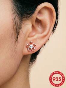 925 Sterling Silver Flower Stud Earrings, Versatile Minimalist Delicate Ear Jewelry - Coral Pink - View 1