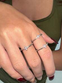 3pcs Women's Ring Set, Silver-Tone Copper Material, Cross Inlaid CZ Open Design, Simple Fashion Versatile Jewelry Suitable For Daily Wear, Gatherings And Parties - Silver - View 4