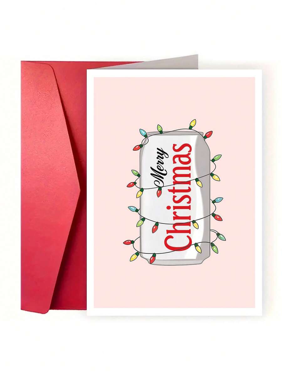 1pc Cute Pink Soda Can Christmas Card, Colorful String Lights Merry Christmas Greeting Card, Festive Xmas Gift Card For Family Friends, Blank Inside With Envelope - Multicolor - View 1