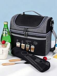 Four Cups Of Coffee Print Lunch Bag With Insulated, Dual-Compartment Lunch Bag With Shoulder Strap, Practical, Versatile Gift For Family And Friends - Multicolor - View 4