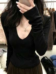 Minimalist Sexy Style Sexy V-Neck Spring/Autumn Base Layer, Women's Autumn/Winter Innerwear, Slim Fit Long Sleeve T-Shirt Top - Black - View 3