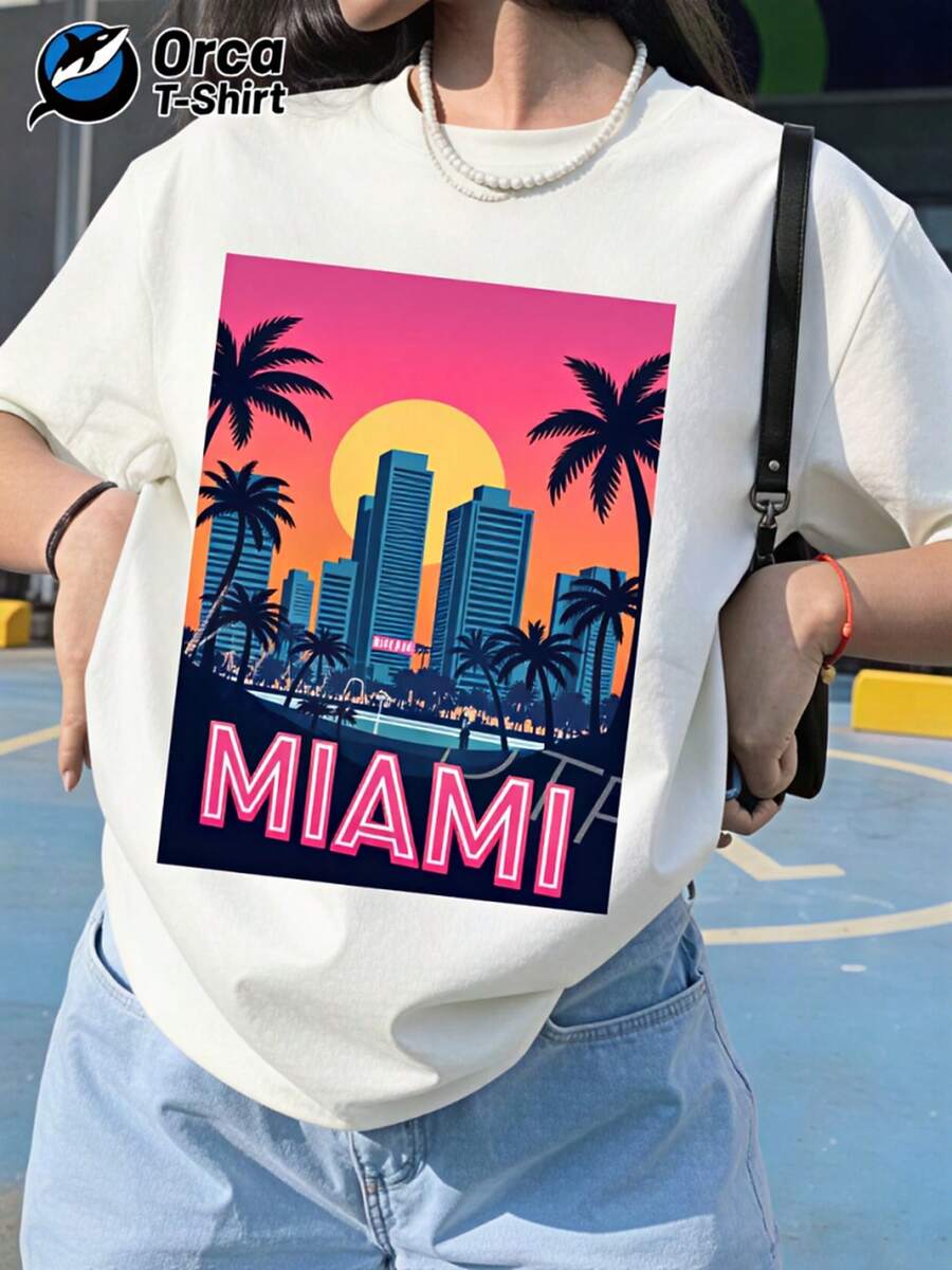 Miami Sunset Graphic Print T-Shirt, Y2K Oversized Fit, 100% Cotton, Summer Casual Top For Women - White - View 1