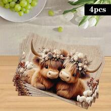 1/4/6pcs Autumn Series Highland Long-Haired Cow Floral Pattern Printed Placemats, Heat-Resistant Table Mats For Home Kitchen/Table Protection, Kitchen Dining Table Party Scene Decoration - Multicolor - View 16