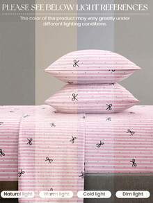 4-Piece Cute Pink Striped Bow Pattern Bedding Set, Includes 1 Fitted Sheet, 1 Flat Sheet, 2 Pillowcases (Pillow Inserts Not Included). Fitted Sheet Set, Suitable For King, Queen, Full, Twin Sizes, Fits Up To 11.8 Inch Deep Mattress. Soft, Breathable, Wrinkle-Resistant, - Baby Pink - View 6